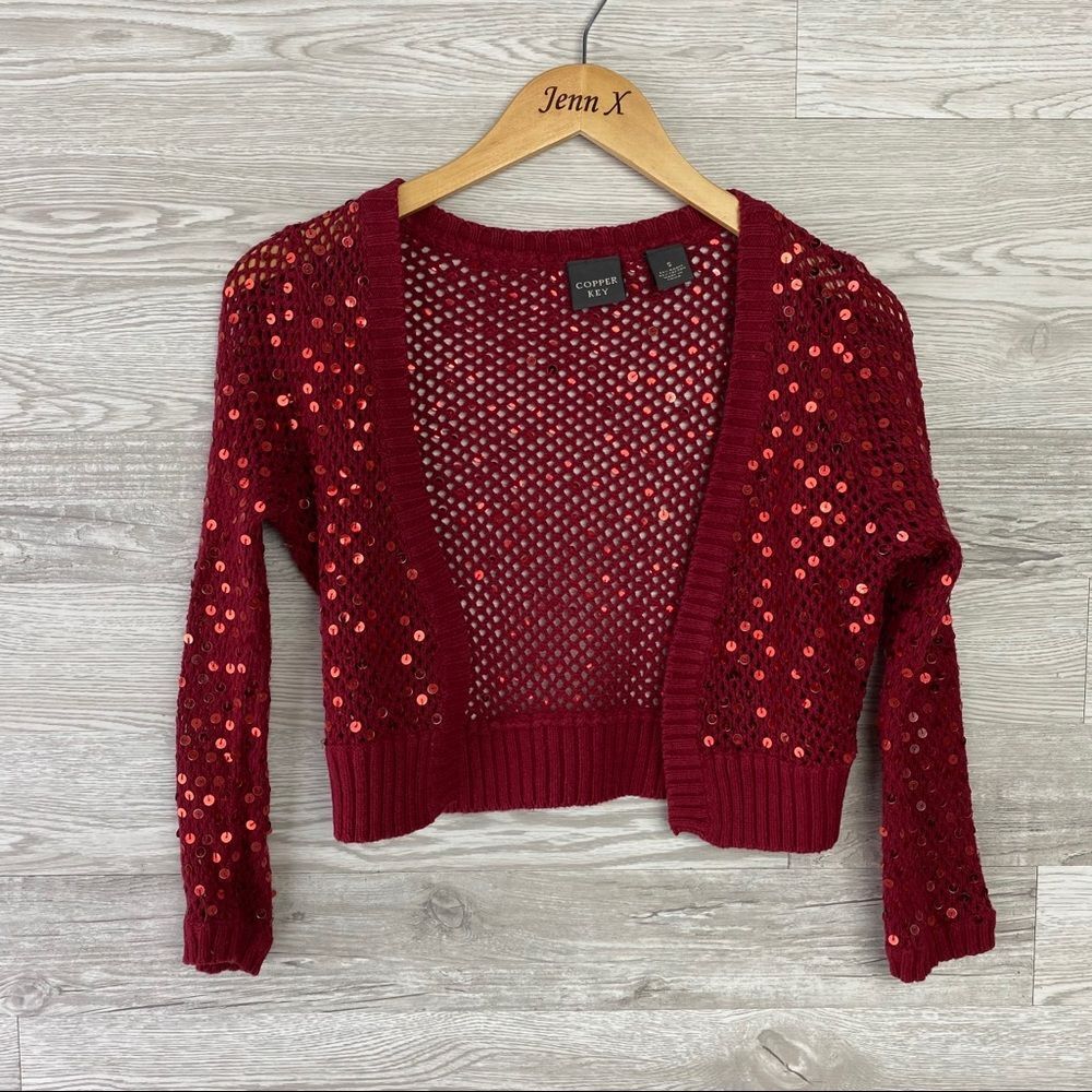 Copper Key Red Sequin Crop Cardigan Sweater